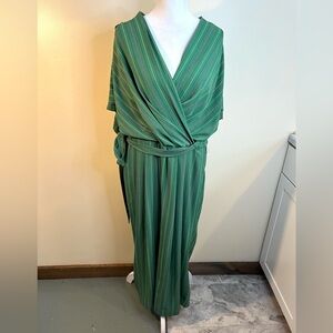 Maggy London Green and White Striped Wide Leg Cropped Pant Jumpsuit